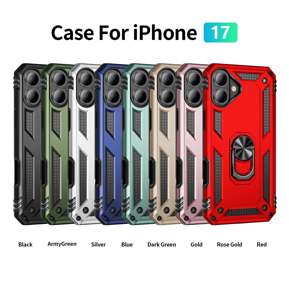 Sergeant Shockproof Drop-proof PC+TPU Phone Protective Case with Metal Ring Kickstand and Metal Patch for iphone 17