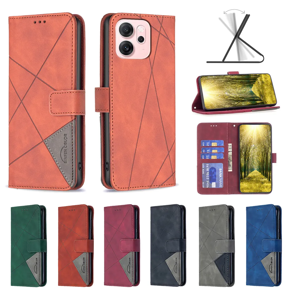 BF05 For Oppo Reno 14F Stitching Rhombus Pattern Folio Flip PU Leather Wallet Phone Case