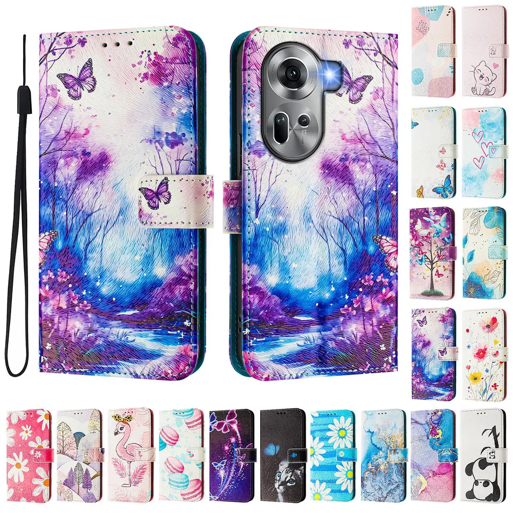 CH05 For Oppo Reno 11 5G Pattern Printing PU Leather Drop-proof Cover Magnetic Clasp Flip Stand Wallet Case