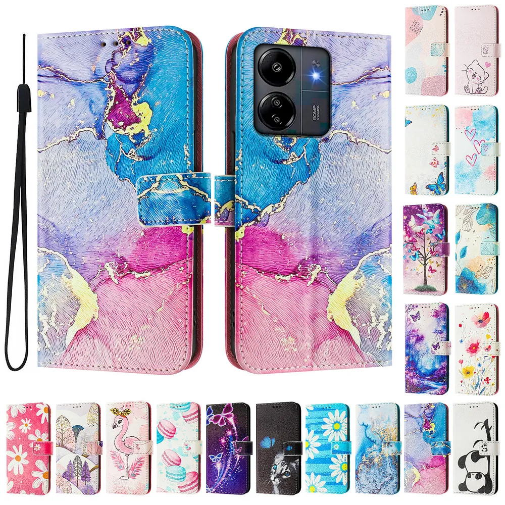 CH05 For Xiaomi Redmi 13C 4G/Xiaomi Poco M6 5G/Xiaomi Poco C6 Pattern Printing PU Leather Drop-proof Cover Magnetic Clasp Flip Stand Wallet Case