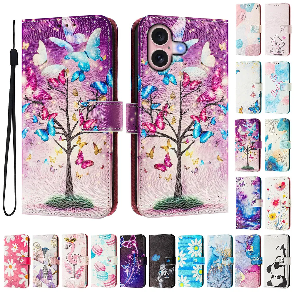 CH05 For iPhone 16 Pattern Printing PU Leather Drop-proof Cover Magnetic Clasp Flip Stand Wallet Case
