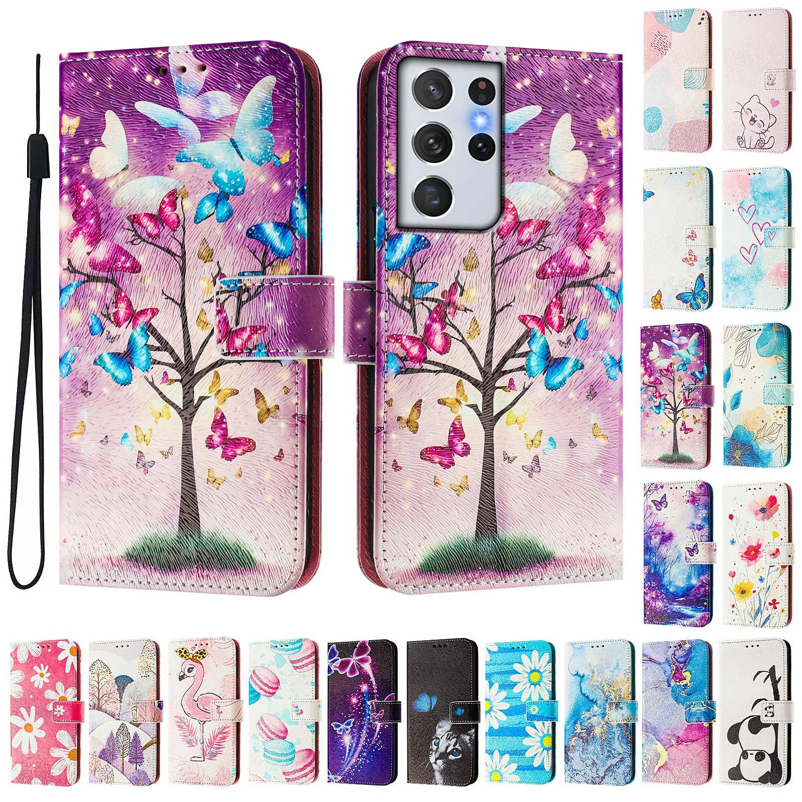 CH05 For Samusng Galaxy S21 Ultra Pattern Printing PU Leather Drop-proof Cover Magnetic Clasp Flip Stand Wallet Case