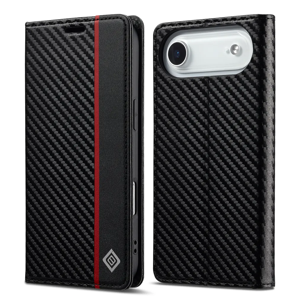 LC.IMEEKE For iPhone 17 Air Carbon Fiber Pattern Anti-fall Folio Flip Leather Case with Card Slots