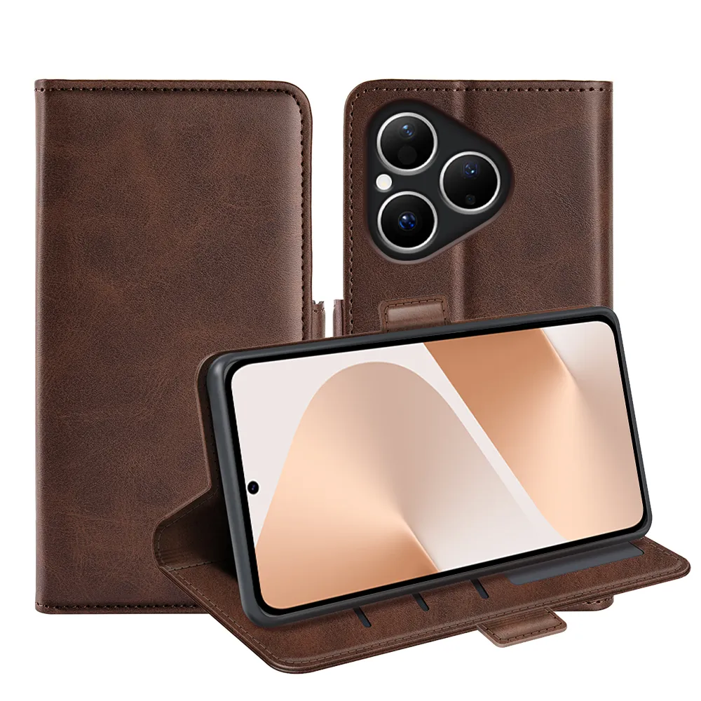 For Huawei Pura 80 Double Buckle Wallet Style Folio Flip Leather Case with Stand and Card Slots Function