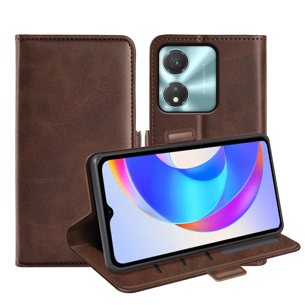 For Honor X5C Plus Double Buckle Wallet Style Folio Flip Leather Case with Stand and Card Slots Function