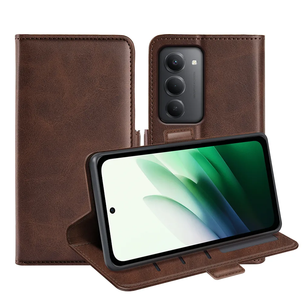 For Xiaomi Redmi 15 (171mm) Double Buckle Wallet Style Folio Flip Leather Case with Stand and Card Slots Function