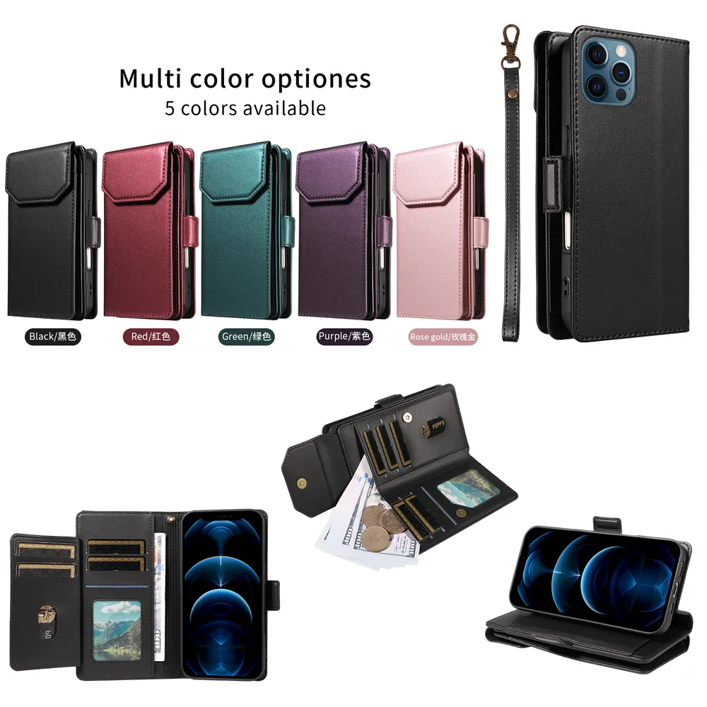 Fashion Multi Card Wallet Wrise Strap Phone Case For iPhone 12 / 12 Pro