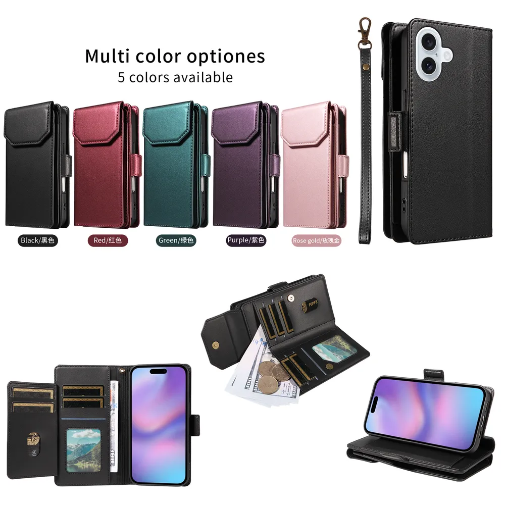 Fashion Multi Card Wallet Wrise Strap Phone Case For iPhone 17