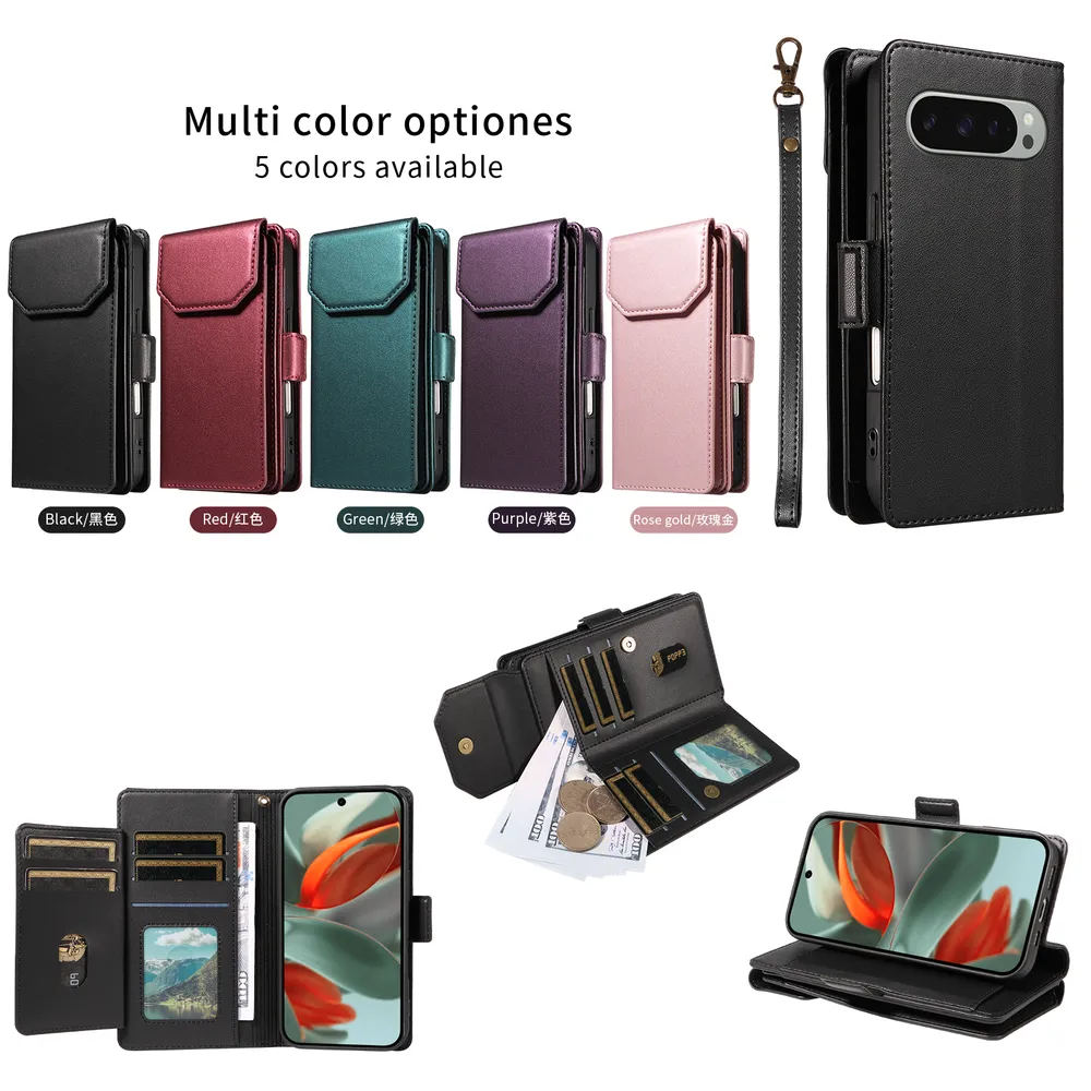 Fashion Multi Card Wallet Wrise Strap Phone Case For Google Pixel 9 Pro XL