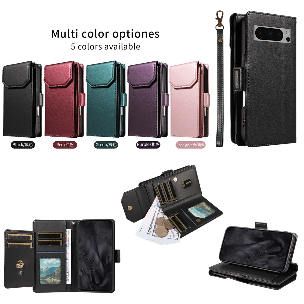 Fashion Multi Card Wallet Wrise Strap Phone Case For Google Pixel 8 Pro