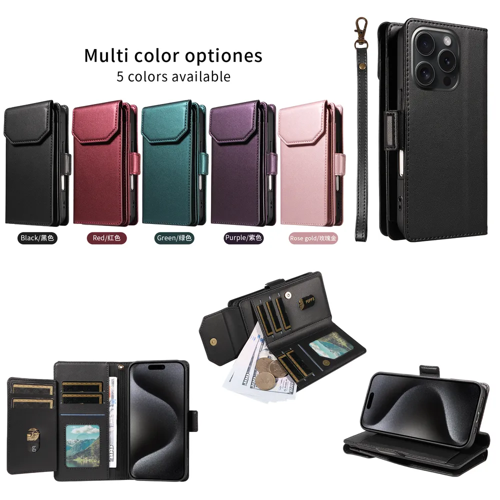 Fashion Multi Card Wallet Wrise Strap Phone Case For iPhone 15 Pro
