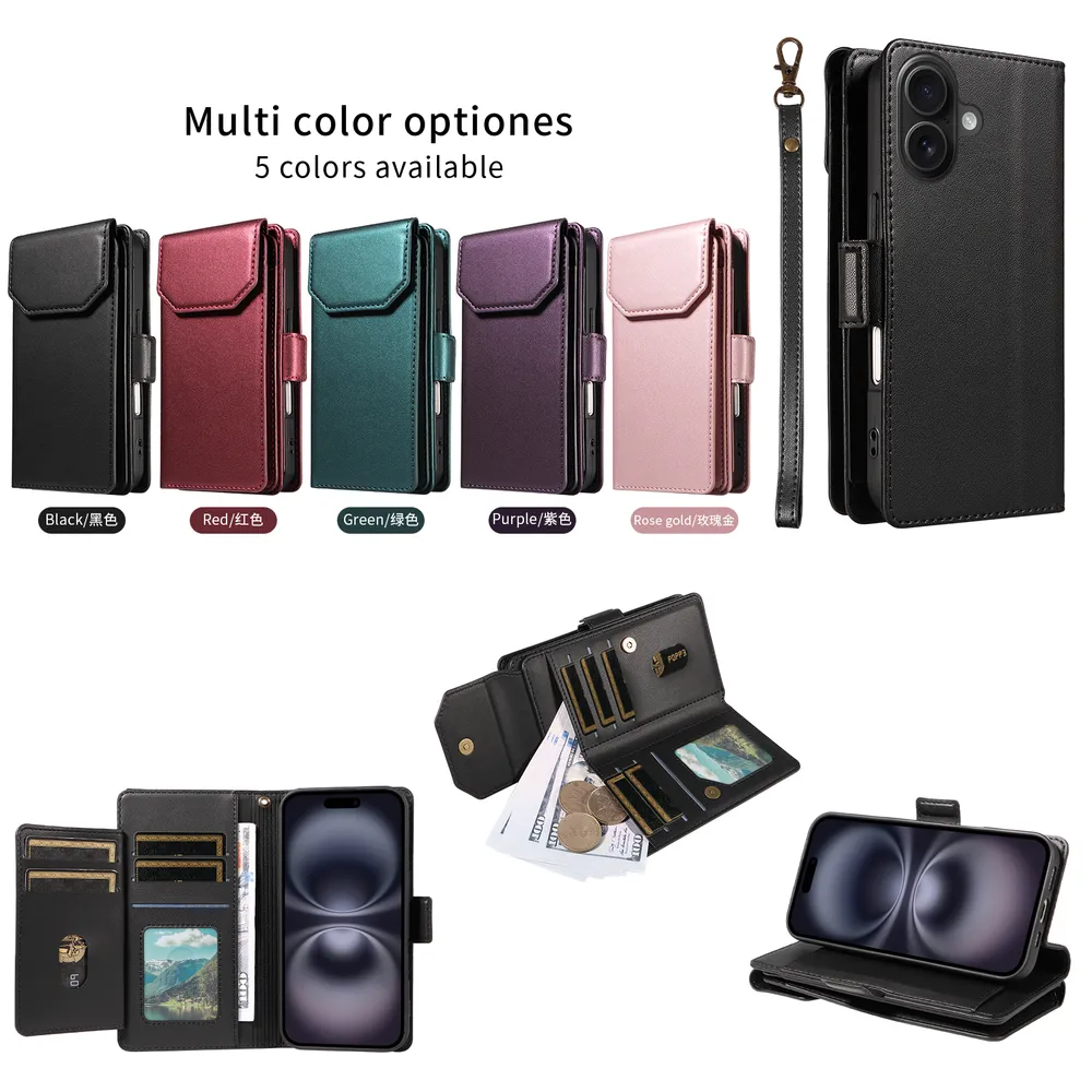 Fashion Multi Card Wallet Wrise Strap Phone Case For iPhone 16 Plus