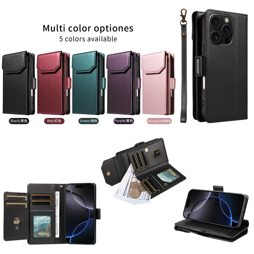 Fashion Multi Card Wallet Wrise Strap Phone Case For iPhone 16 Pro