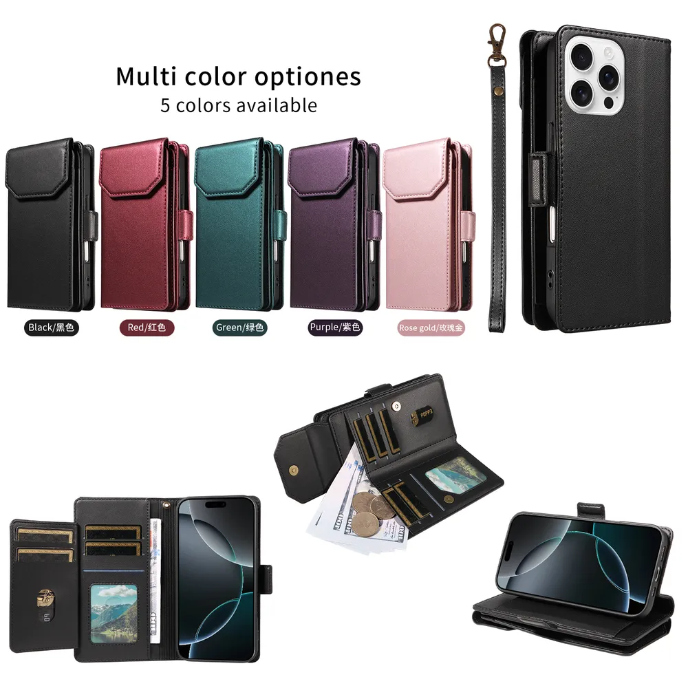 Fashion Multi Card Wallet Wrise Strap Phone Case For iPhone 16 Pro Max