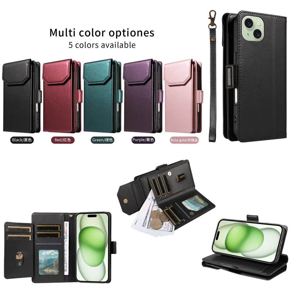 Fashion Multi Card Wallet Wrise Strap Phone Case For iPhone 15 Plus
