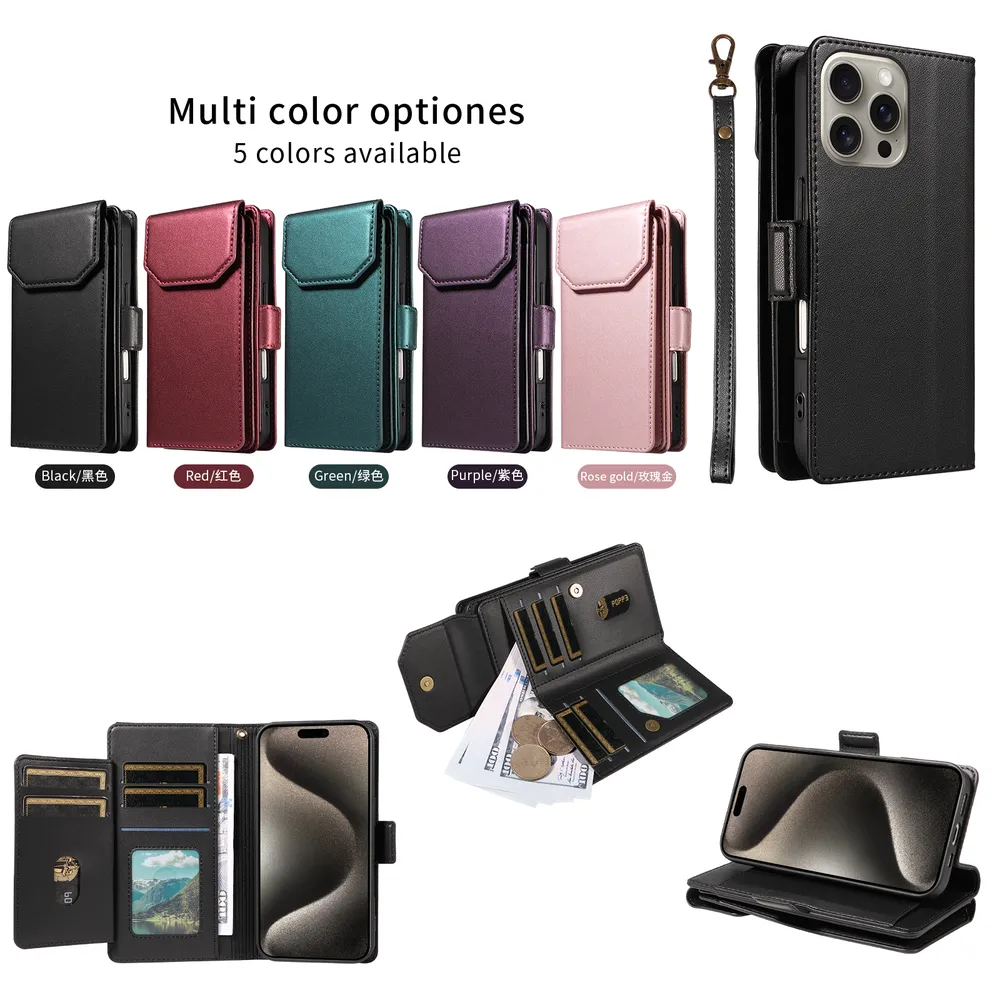 Fashion Multi Card Wallet Wrise Strap Phone Case For iPhone 15 Pro Max