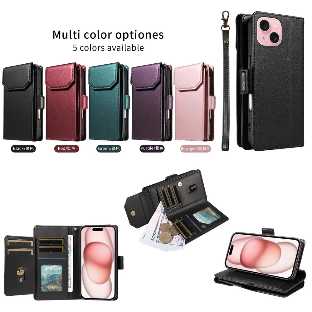 Fashion Multi Card Wallet Wrise Strap Phone Case For iPhone 15