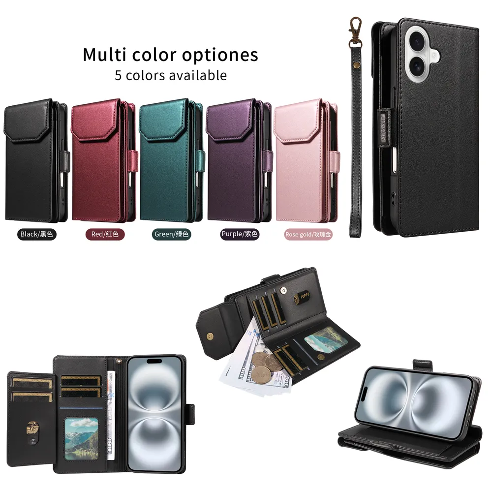 Fashion Multi Card Wallet Wrise Strap Phone Case For iPhone 16