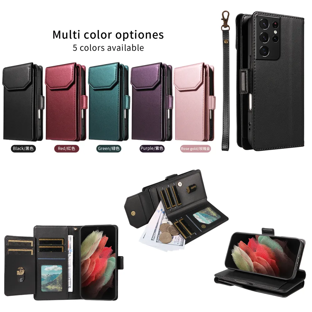Fashion Multi Card Wallet Wrise Strap Phone Case For Samsung Galaxy S21 Ultra