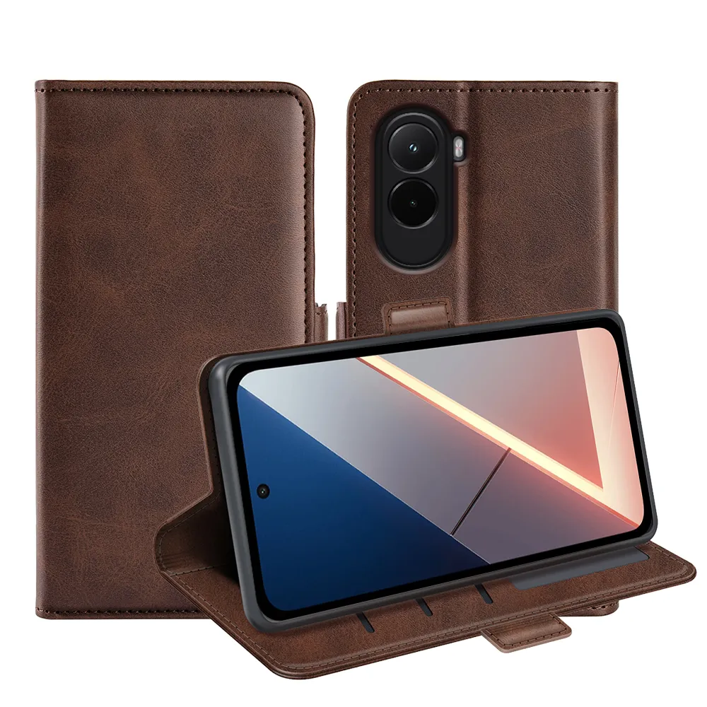 For Xiaomi Poco M7 4G/Poco M7 Plus 5G Double Buckle Wallet Style Folio Flip Leather Case with Stand and Card Slots Function