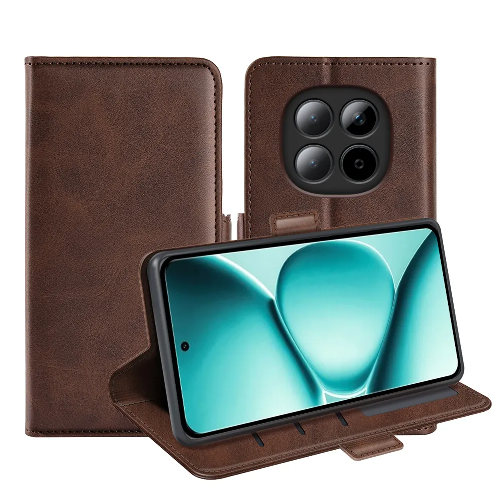 For Xiaomi Redmi Note 15 Pro 5G Double Buckle Wallet Style Folio Flip Leather Case with Stand and Card Slots Function