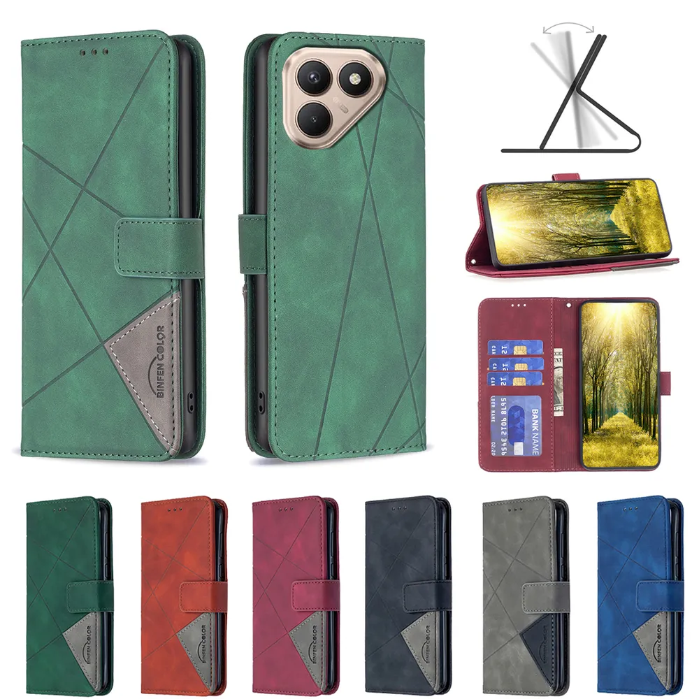 BF05 For Tecno Pova 7 Pro Stitching Rhombus Pattern Folio Flip PU Leather Wallet Phone Case