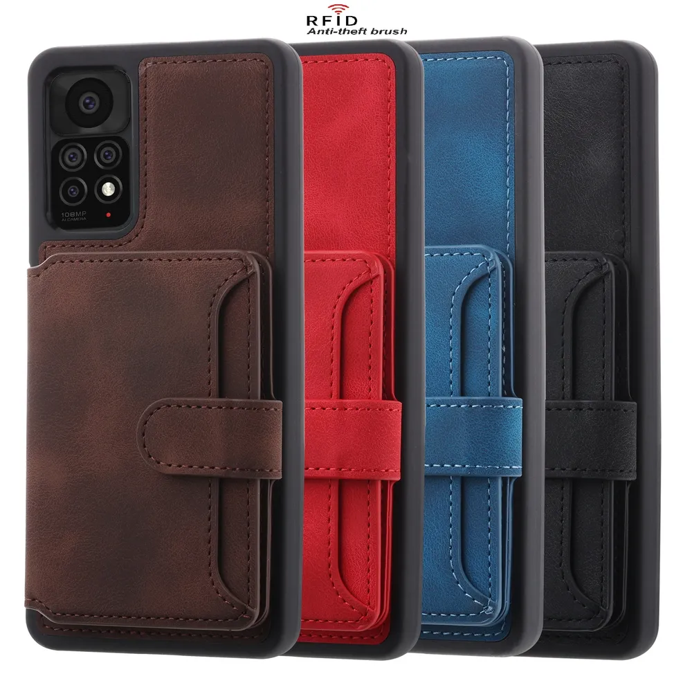 For Xiaomi Redmi Note 11 4G RFID Blocking Phone Case Leather Coated TPU Cover with Kickstand Wallet