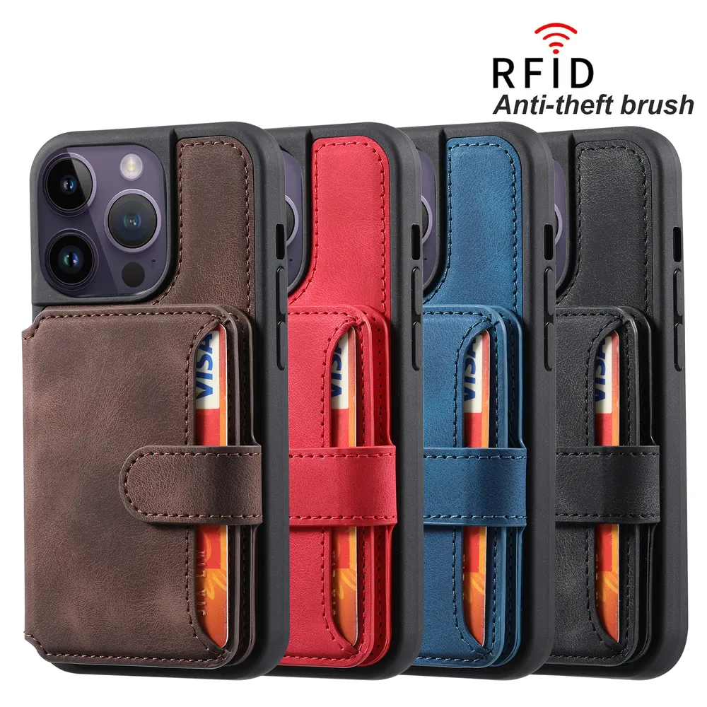 For iPhone 12 Pro RFID Blocking Phone Case Leather Coated TPU Cover with Kickstand Wallet