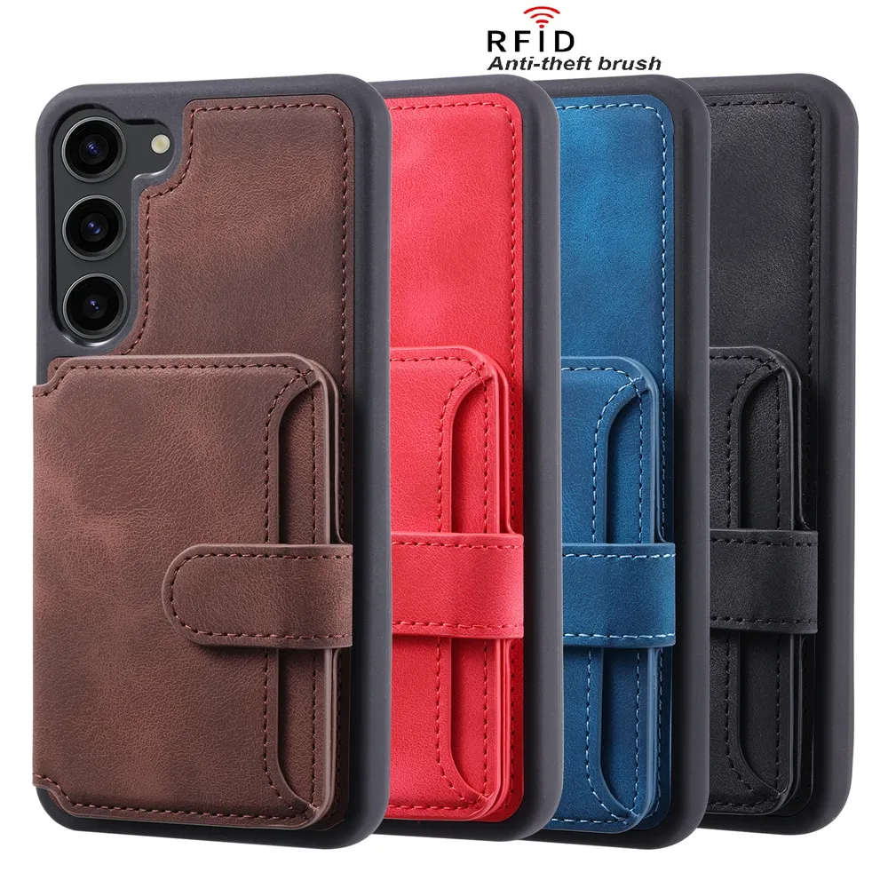 For Samsung Galaxy S23 RFID Blocking Phone Case Leather Coated TPU Cover with Kickstand Wallet
