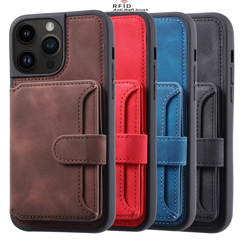 For iPhone 13 Pro Max RFID Blocking Phone Case Leather Coated TPU Cover with Kickstand Wallet