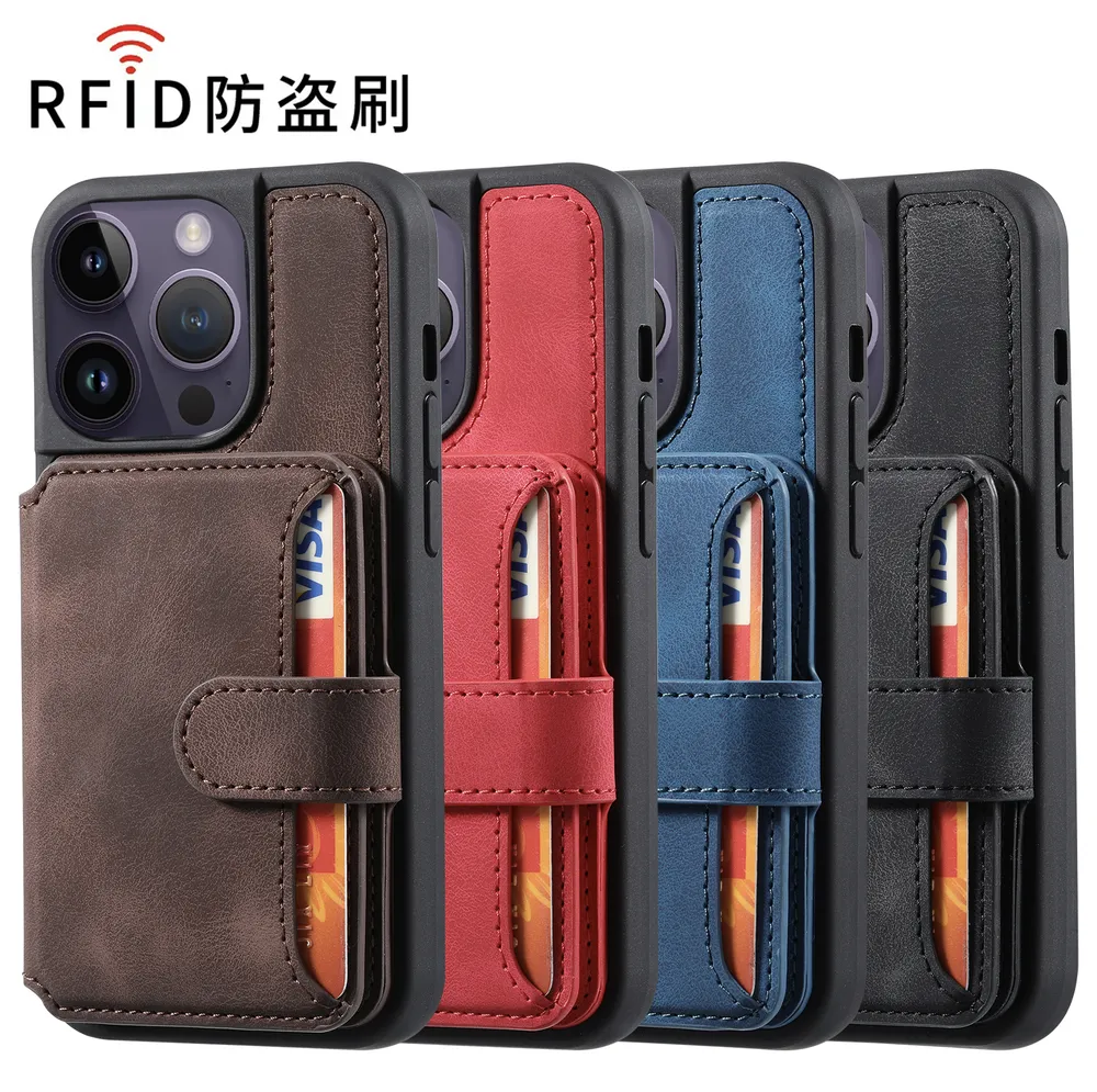 For iPhone 13 Pro RFID Blocking Phone Case Leather Coated TPU Cover with Kickstand Wallet