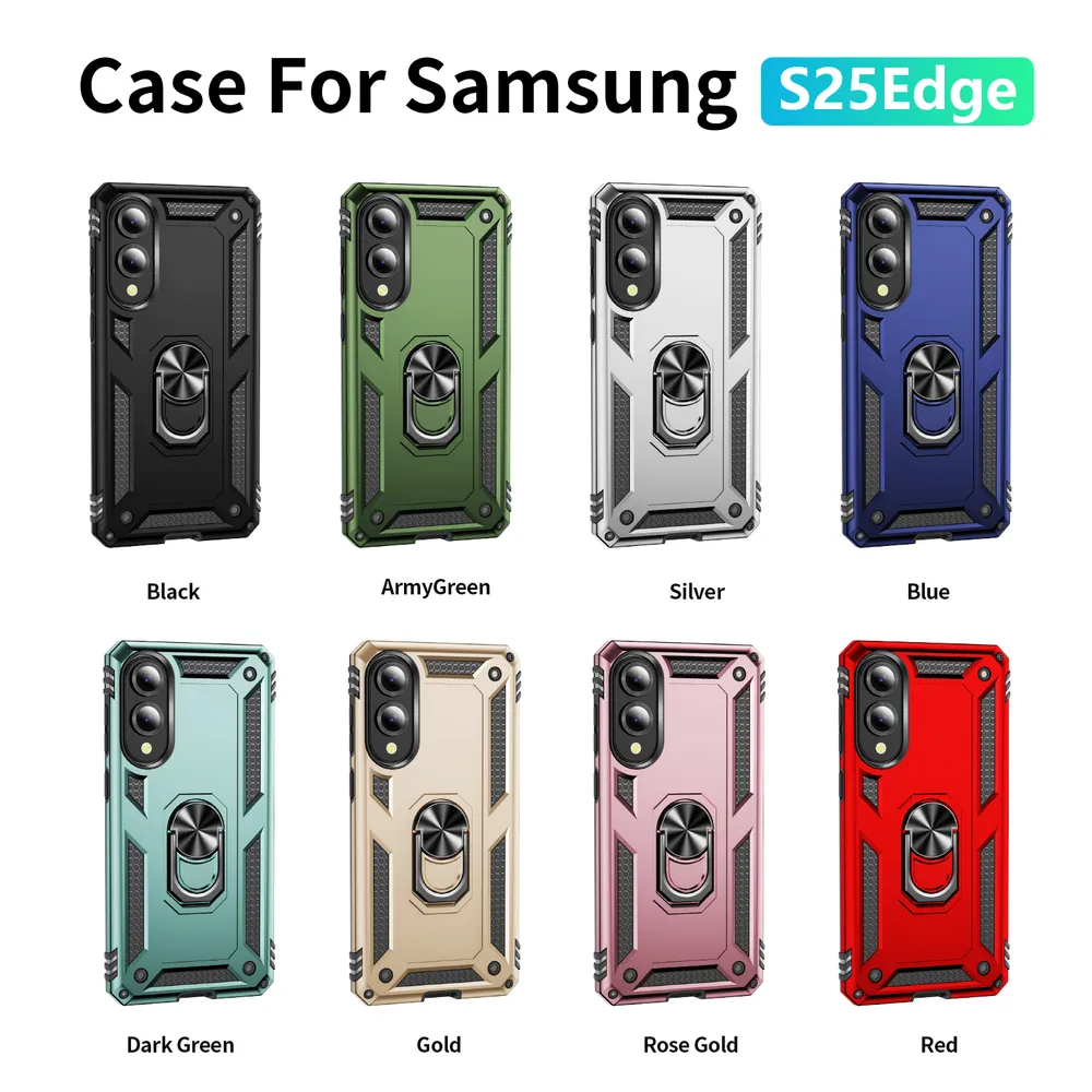 Sergeant Shockproof Drop-proof PC+TPU Phone Protective Case with Metal Ring Kickstand and Metal Patch for Samsung Galaxy S25 Edge