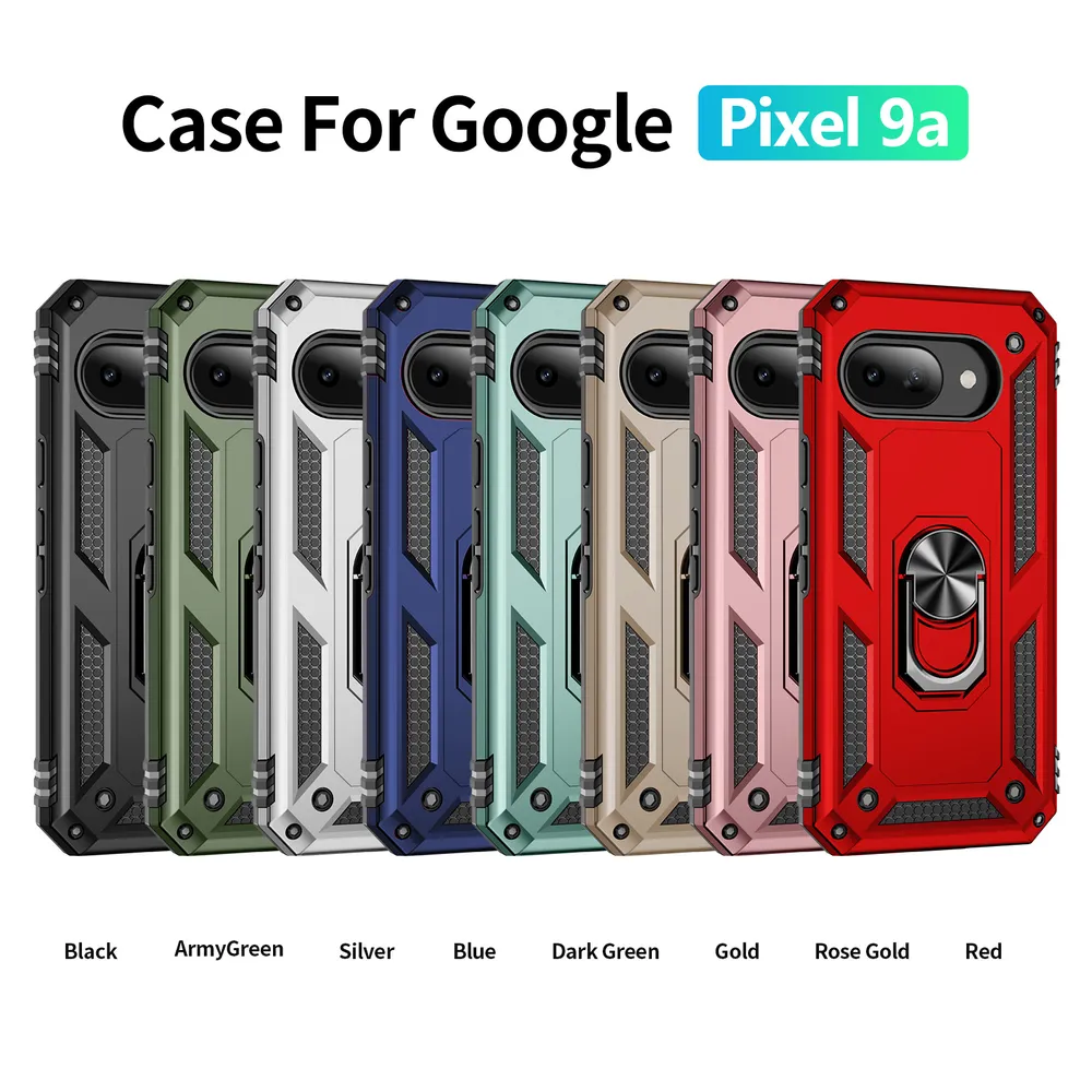 Sergeant Shockproof Drop-proof PC+TPU Phone Protective Case with Metal Ring Kickstand and Metal Patch for Google Pixel 9A