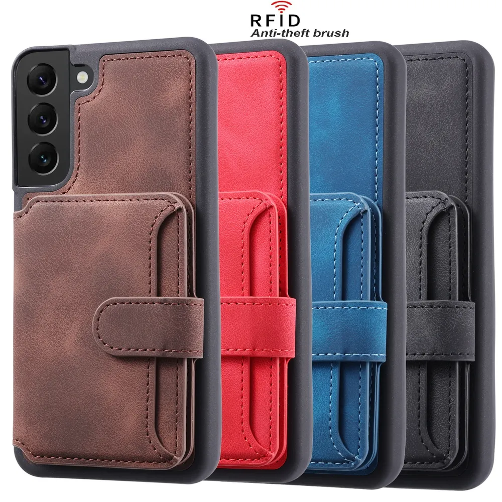 For Samsung Galaxy S22 RFID Blocking Phone Case Leather Coated TPU Cover with Kickstand Wallet