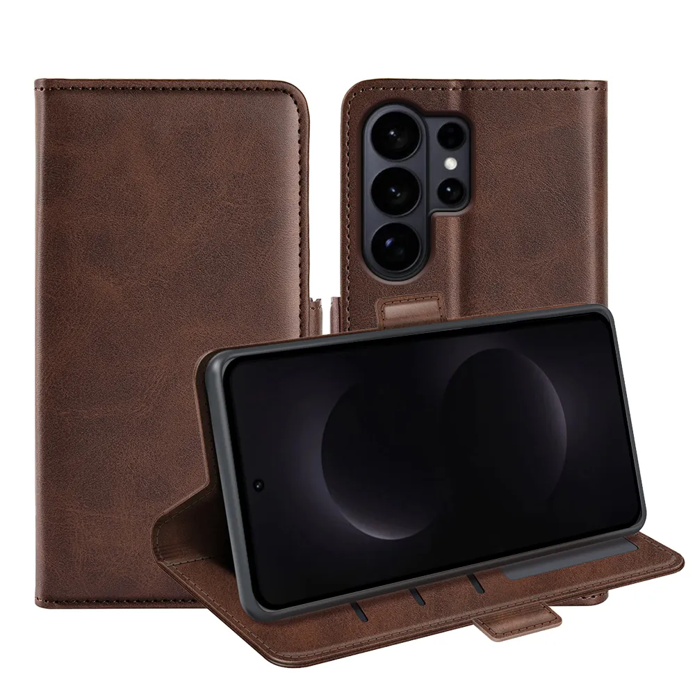 For Samsung Galaxy S26 Ultra Double Buckle Wallet Style Folio Flip Leather Case with Stand and Card Slots Function