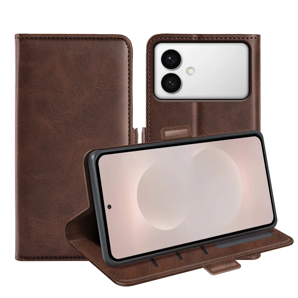 For Samsung Galaxy S26 Edge Double Buckle Wallet Style Folio Flip Leather Case with Stand and Card Slots Function