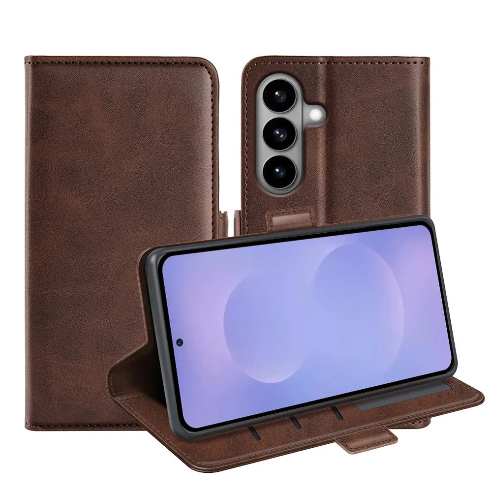 For Samsung Galaxy S26 Double Buckle Wallet Style Folio Flip Leather Case with Stand and Card Slots Function