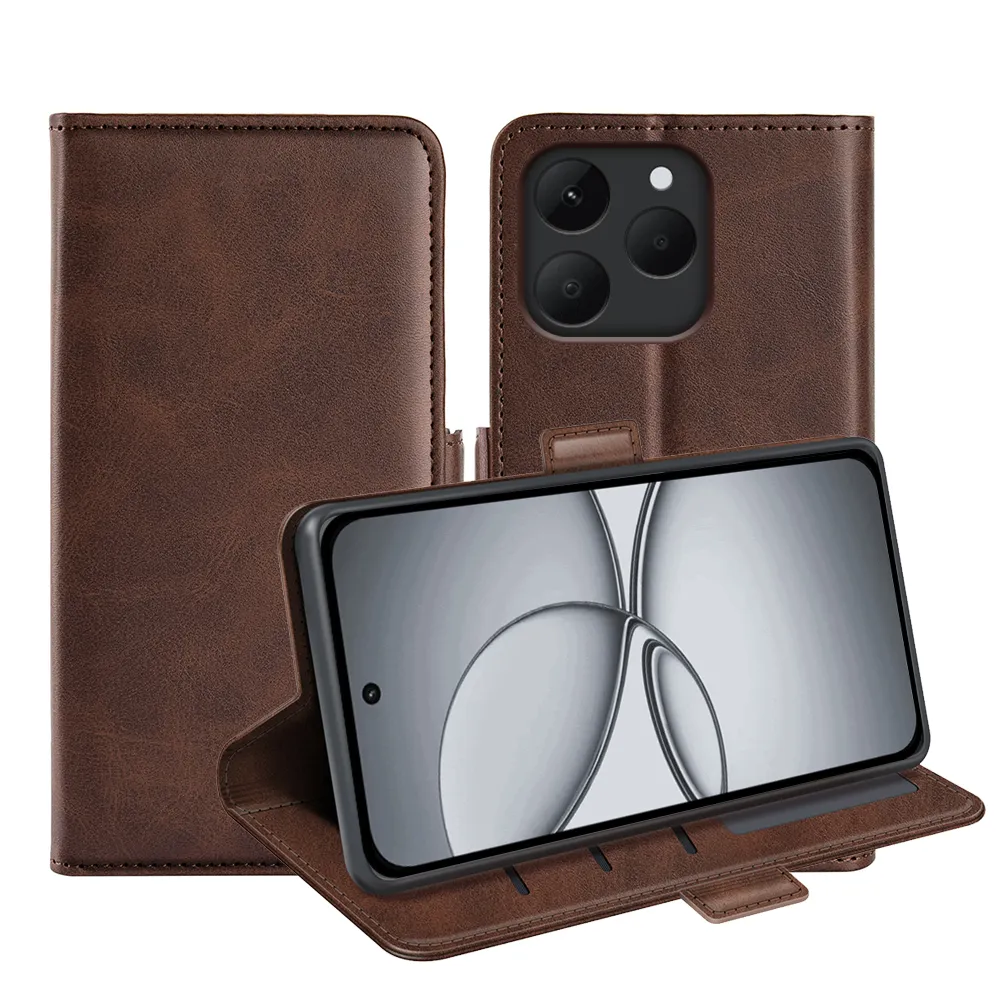 For Realme 15T Double Buckle Wallet Style Folio Flip Leather Case with Stand and Card Slots Function