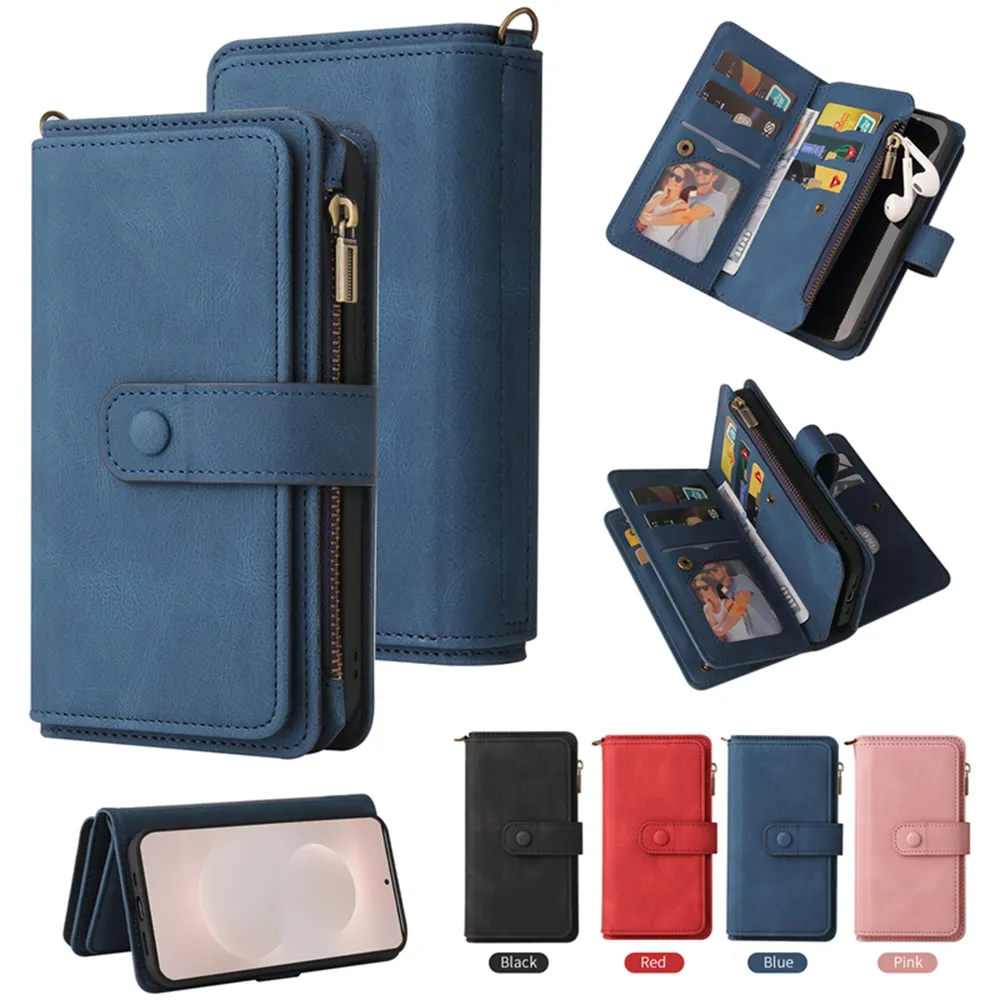 For Samsung Galaxy S26 Edge KT Multi-Functional Series-2 15 Cards Design Buckle Closure Skin Touch PU Leather Phone Wallet Stand Case with Wrist Strap