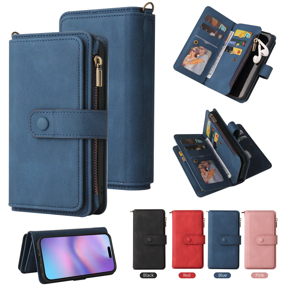 For iPhone 17 KT Multi-Functional Series-2 15 Cards Design Buckle Closure Skin Touch PU Leather Phone Wallet Stand Case with Wrist Strap