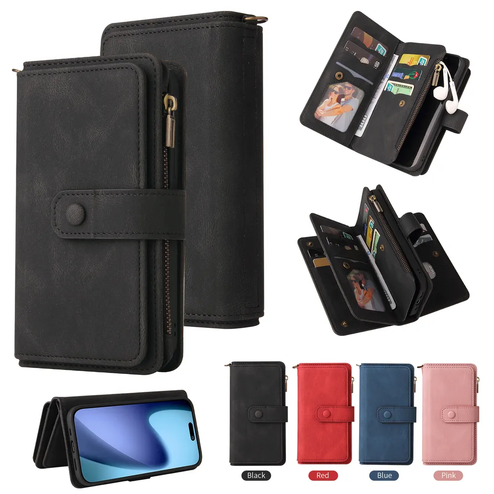 For iPhone 17 Air KT Multi-Functional Series-2 15 Cards Design Buckle Closure Skin Touch PU Leather Phone Wallet Stand Case with Wrist Strap