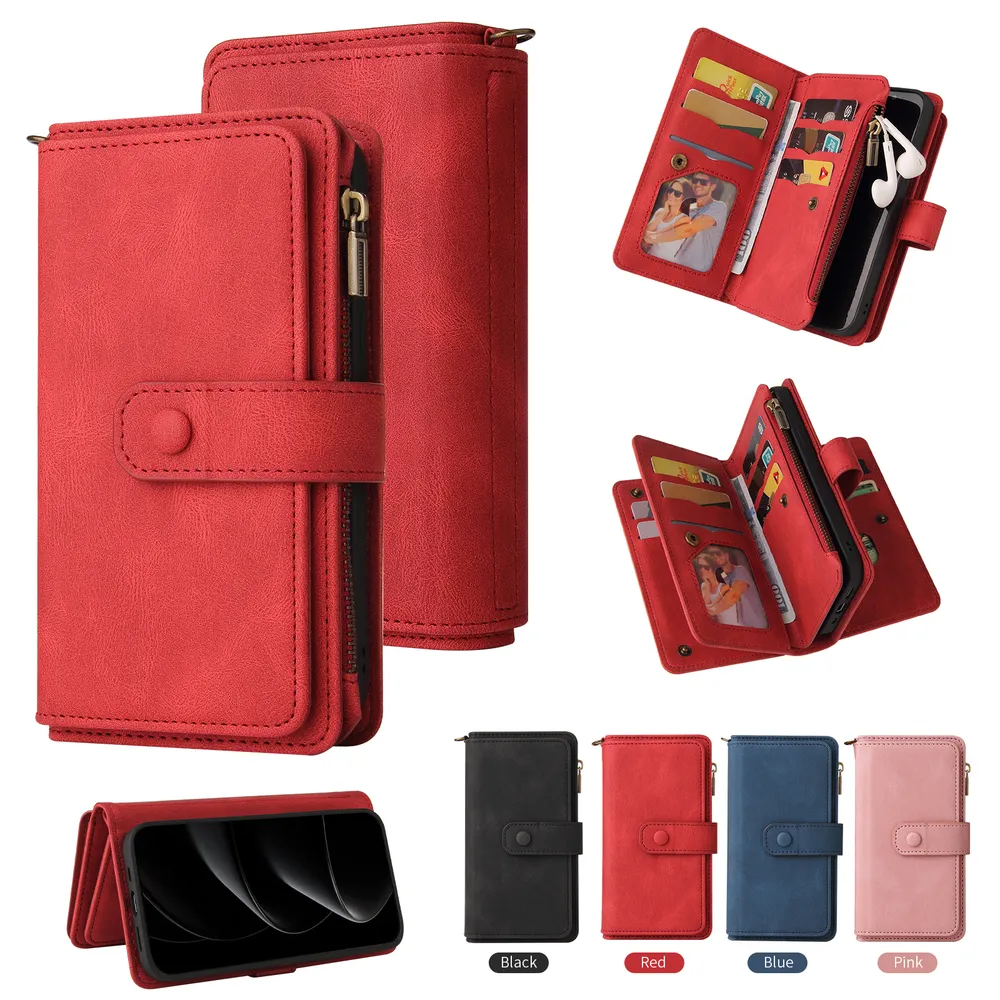 For iPhone 17 Pro KT Multi-Functional Series-2 15 Cards Design Buckle Closure Skin Touch PU Leather Phone Wallet Stand Case with Wrist Strap