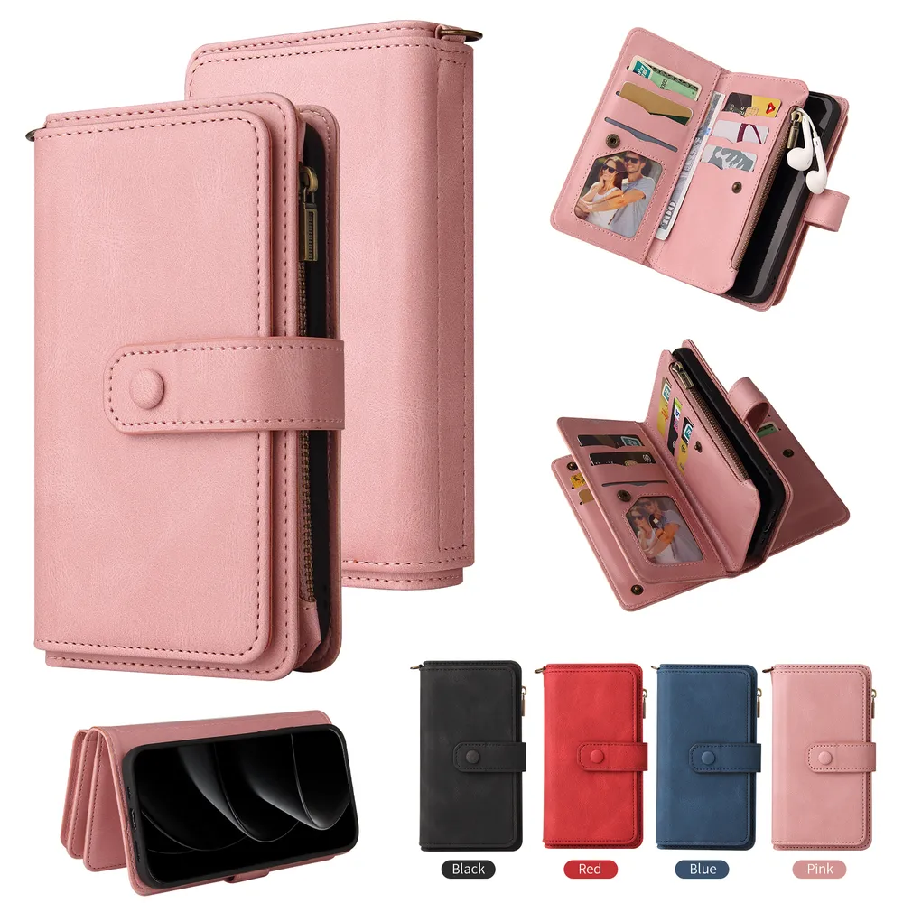For iPhone 17 Pro Max KT Multi-Functional Series-2 15 Cards Design Buckle Closure Skin Touch PU Leather Phone Wallet Stand Case with Wrist Strap