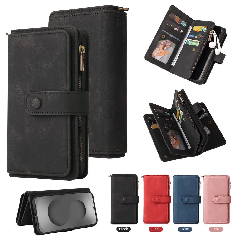 For Samsung Galaxy S26 Ultra KT Multi-Functional Series-2 15 Cards Design Buckle Closure Skin Touch PU Leather Phone Wallet Stand Case with Wrist Strap