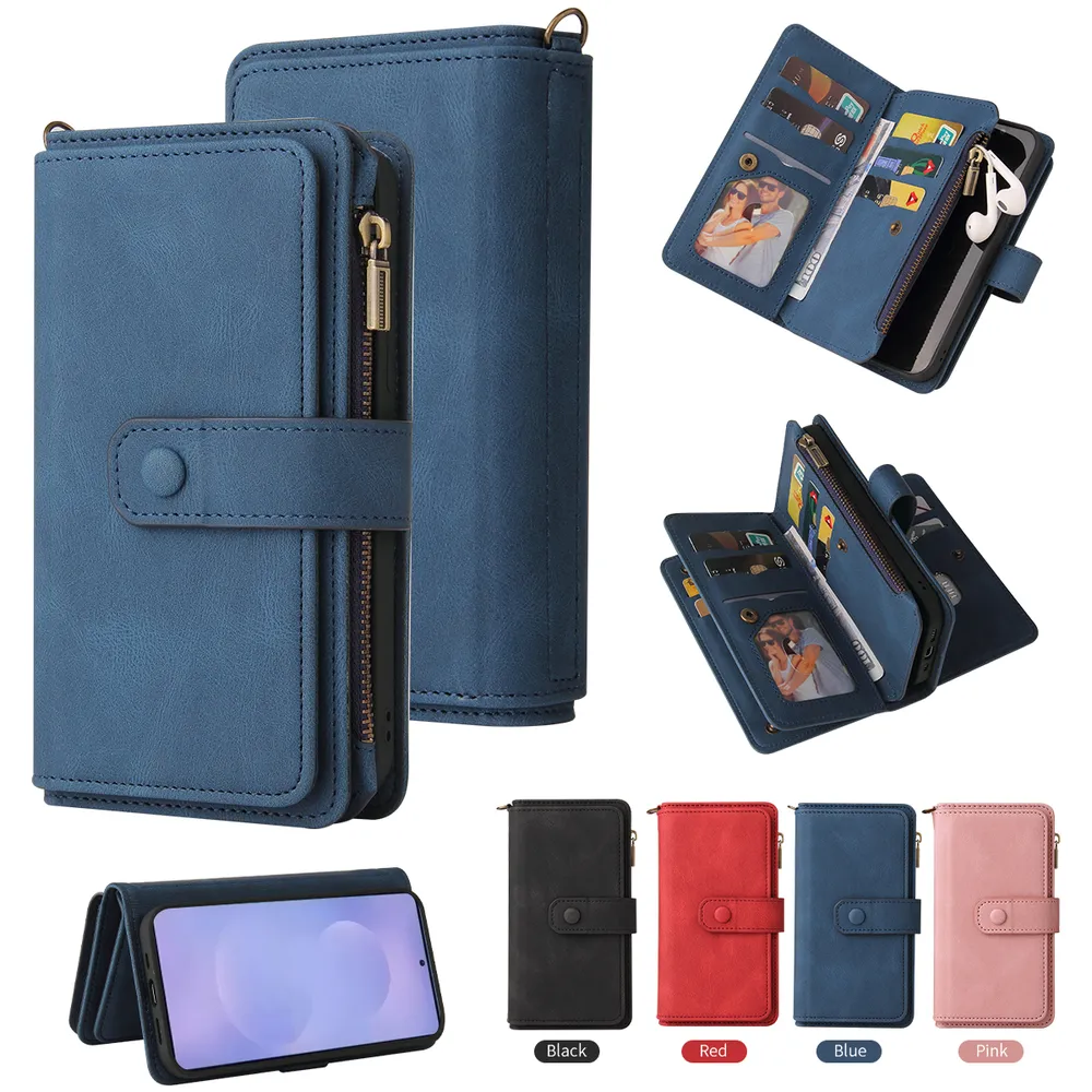 For Samsung Galaxy S26 Pro KT Multi-Functional Series-2 15 Cards Design Buckle Closure Skin Touch PU Leather Phone Wallet Stand Case with Wrist Strap
