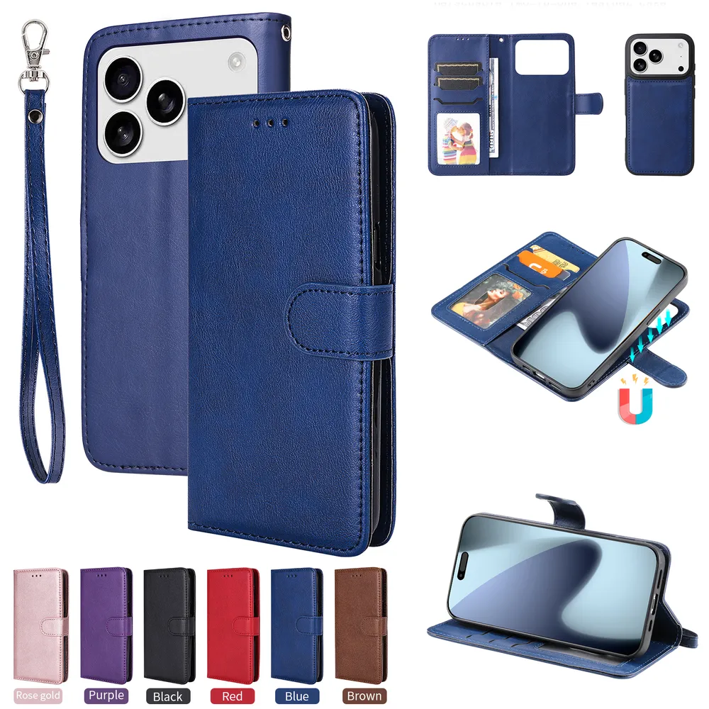 For iPhone 17 Pro Solid Color Detachable 2 in 1 Strong Magnetic PU Leather Phone Case