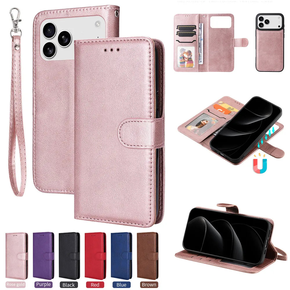 For iPhone 17 Pro Max Solid Color Detachable 2 in 1 Strong Magnetic PU Leather Phone Case