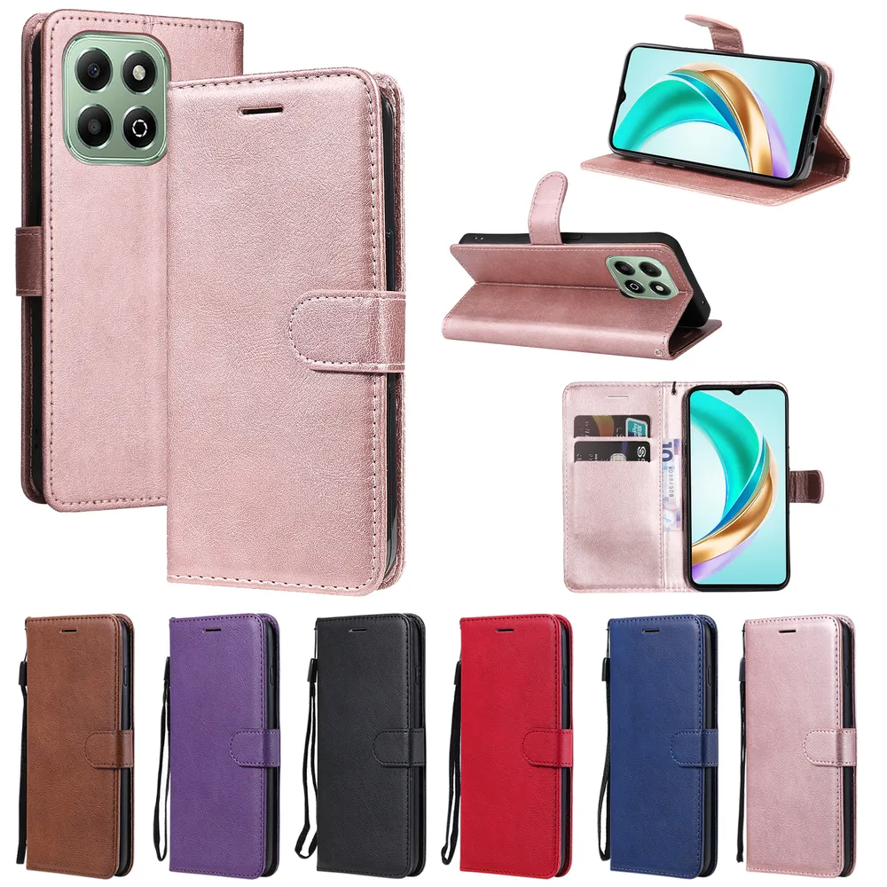 Solid Color Pattern Scratch Resistant Clamshell PU Leather Phone Protective Case with Lanyard&Card Slots for Honor X6a