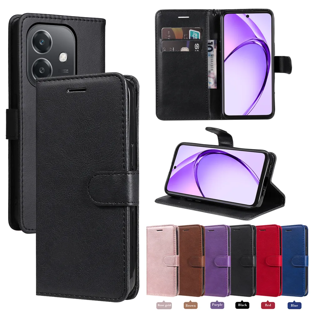 Solid Color Pattern Scratch Resistant Clamshell PU Leather Phone Protective Case with Lanyard&Card Slots for Oppo A60 5G / A40 / A40M