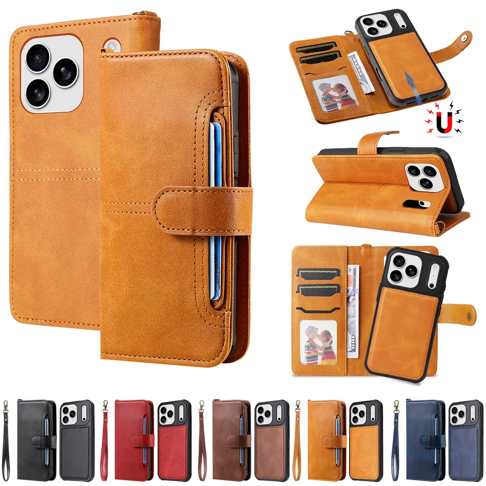 KT Multi-functional Series-4 for iPhone 17 Pro Case Detachable PU Leather Zipper Flip Wallet Phone Cover